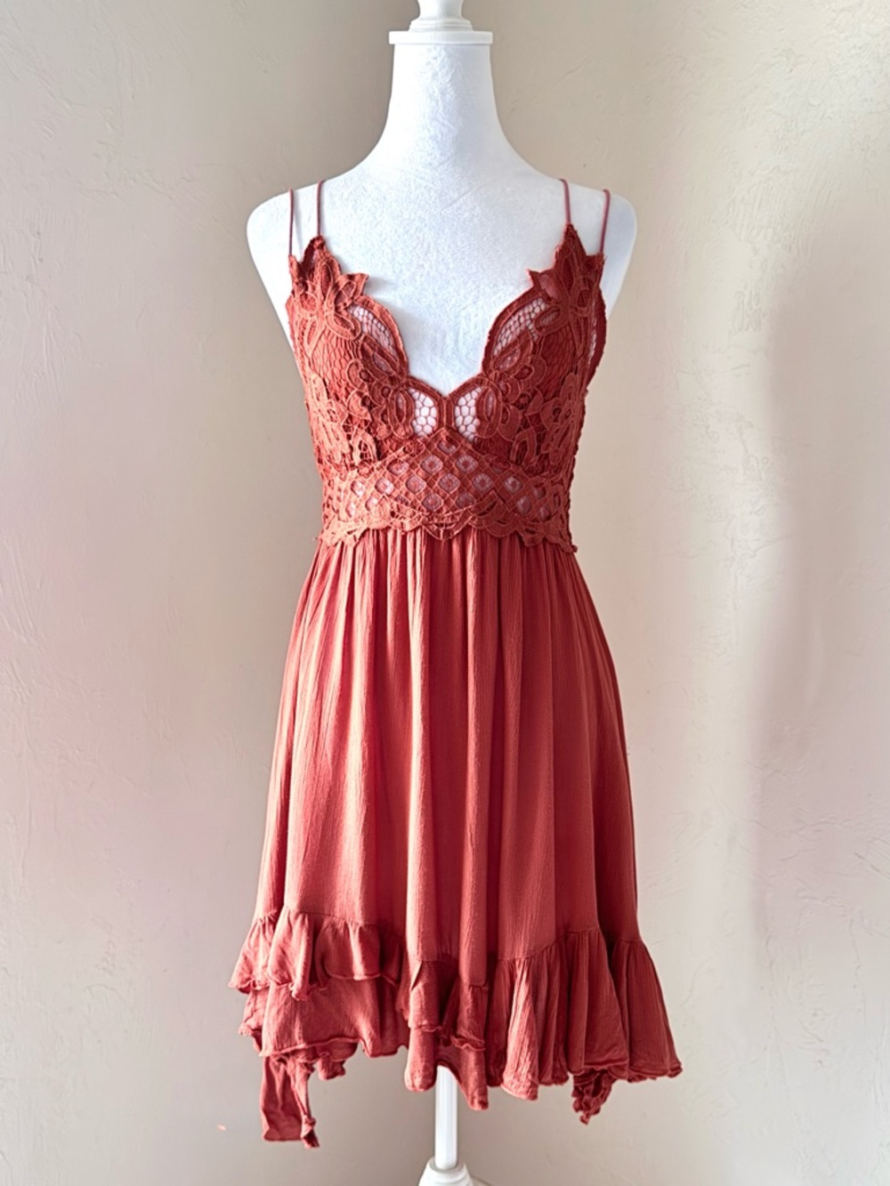Free People FP One Adella Lace Mini Slip Dress in Terracotta Rust Orange S